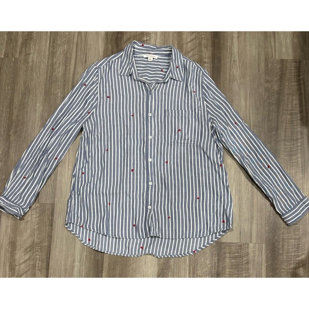 Beachlunchlounge L Blue White Stripe Button Down Shirt Red Heart Embroidered